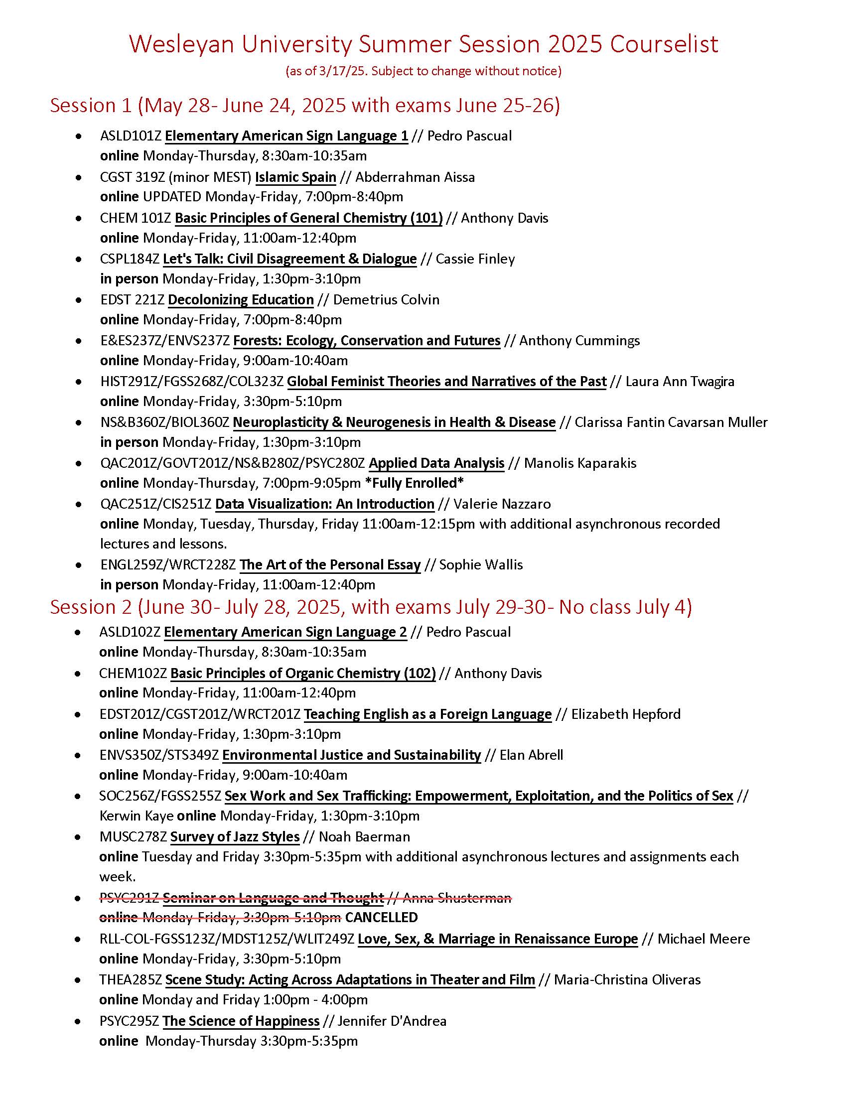 Image of Wesleyan Summer Session 2025 course list